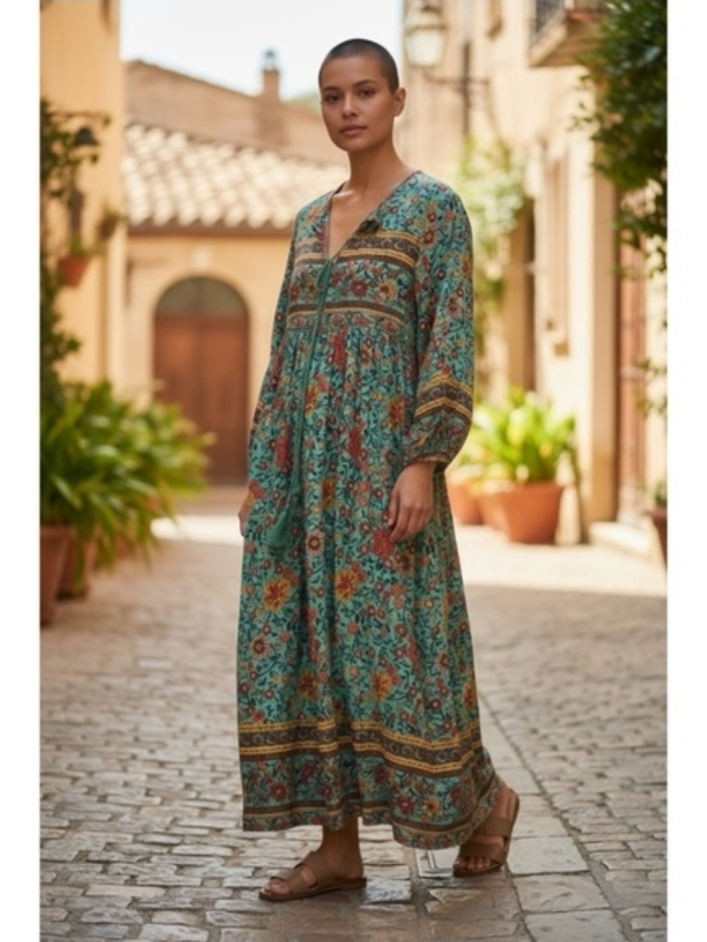 Boho Teal Floral Maxi Dress with V-Neck Size S